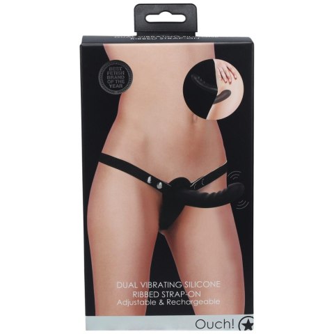 Ouch! - Dual Vibrating - Rechargeable - 10 Speed Silicone Ribbed Strap-On - Adjustable - Black Ouch!