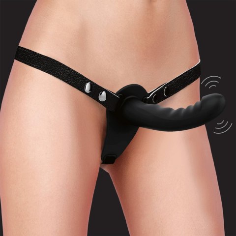 Ouch! - Dual Vibrating - Rechargeable - 10 Speed Silicone Ribbed Strap-On - Adjustable - Black Ouch!