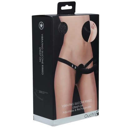 Ouch! - Vibrating - Rechrgeable - 10 Speed Silicone Ribbed Strap-On - Adjustable - Black Ouch!