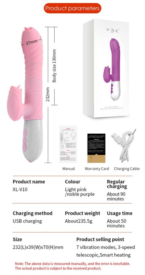 Wibrator-Silicone Vibrator USB 7 Function and Thrusting Function / Heating, pink B - Series Fox