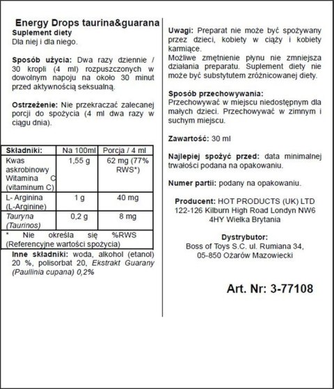 Supl.diety-Energy Drops-30ml Taurin & Guarana (m+w) Hot