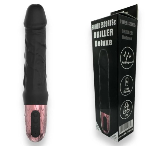 Power Escorts - Driller De Luxe Black - 21 Cm / 8.2 Inch Fat Silicone Realistic Vibrator Power Escorts