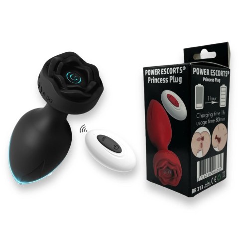 Power Escorts - Princess Plug - Remote Rose Design Plug - USB Rechargeable - 10 Functions - Black Power Escorts