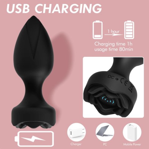 Power Escorts - Princess Plug - Remote Rose Design Plug - USB Rechargeable - 10 Functions - Black Power Escorts