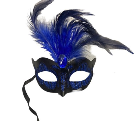 Maska-Venetian Mask Dark Blue with Dark Blue Stone and Feather Kinky Mask