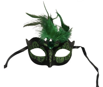 Maska-Venetian Mask Green with Green Stone and Feather Kinky Mask