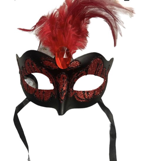 Maska-Venetian Mask Red with Red Stone and Feather Kinky Mask