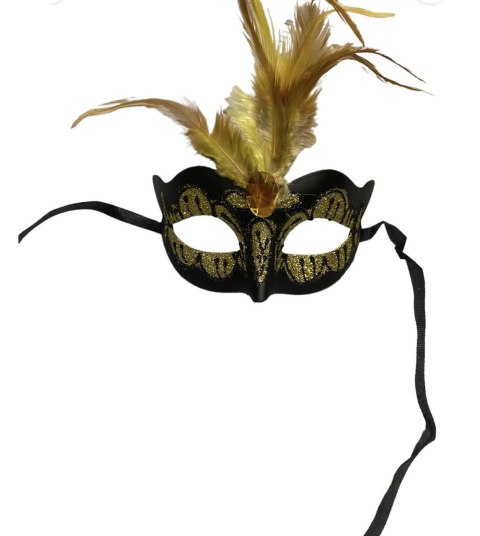 Maska-Venetian Mask Yellow with Yellow Stone and Feather Kinky Mask