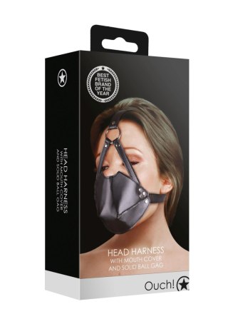 Head Harness with Mouth Cover and Breathable Ball Gag - Black Ouch!