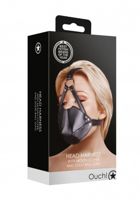 Head Harness with Mouth Cover and Solid Ball Gag - Black Ouch!