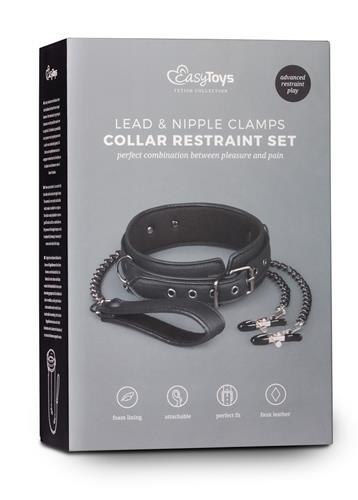 Wiązania-Leather Collar With Nipple Chains EasyToys